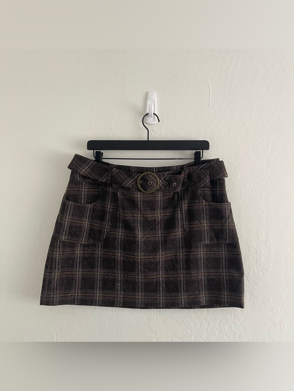 Yessica Retro Brown Plaid Wool Blend Belted Mini Skirt Dark Academia Women's 14